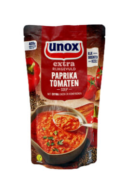 Supa de rosii cu paprika, linte si fasole rosie 570 ml, Unox Olanda