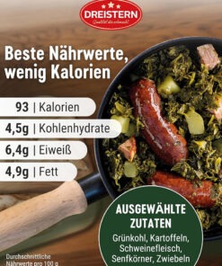 Vedere alternativă la Dreistern Grunkohl, varza creata (kale) cu friptura de porc si carnati 400g