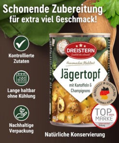 Vedere alternativă la Dreistern Jägertopf tocanita de cartofi, cu ciuperci si chiftelute 400 g