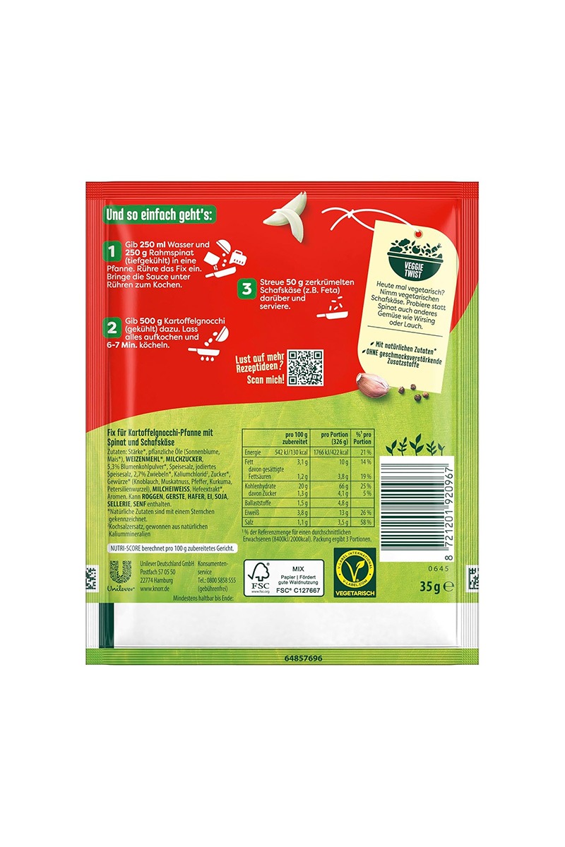 Knorr Fix condimente pentru gnocchi cu spanac si branza Feta 35g - imagine 2